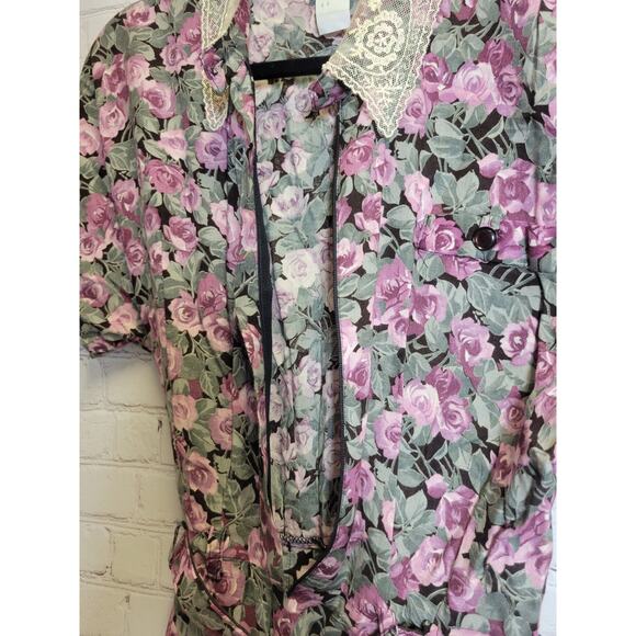 Vintage Jamie Floral Dress Midi Pleated Belt Zipper Shoulder Pads Lace Womens 9 - Picture 5 of 6